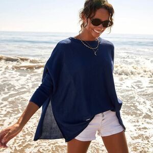 Mersea Women’s One Size Catalina Crewneck Side Slit Sweater Deep Water Blue NWT